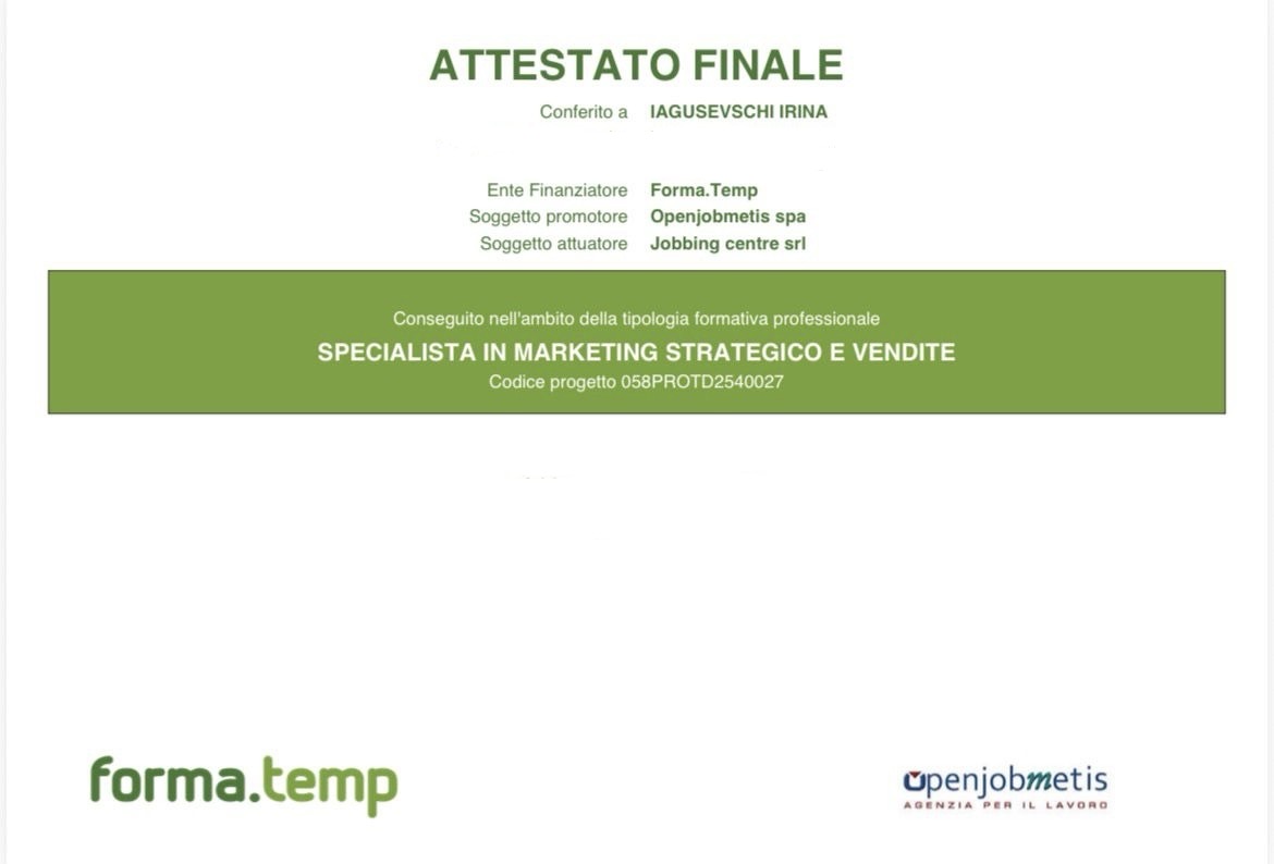 Attestato Forma.temp — Irina Iagusevschi